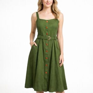 Taylor Olive Green Linen Blend Midi Dress Belted Button Front A-Line Sz 6